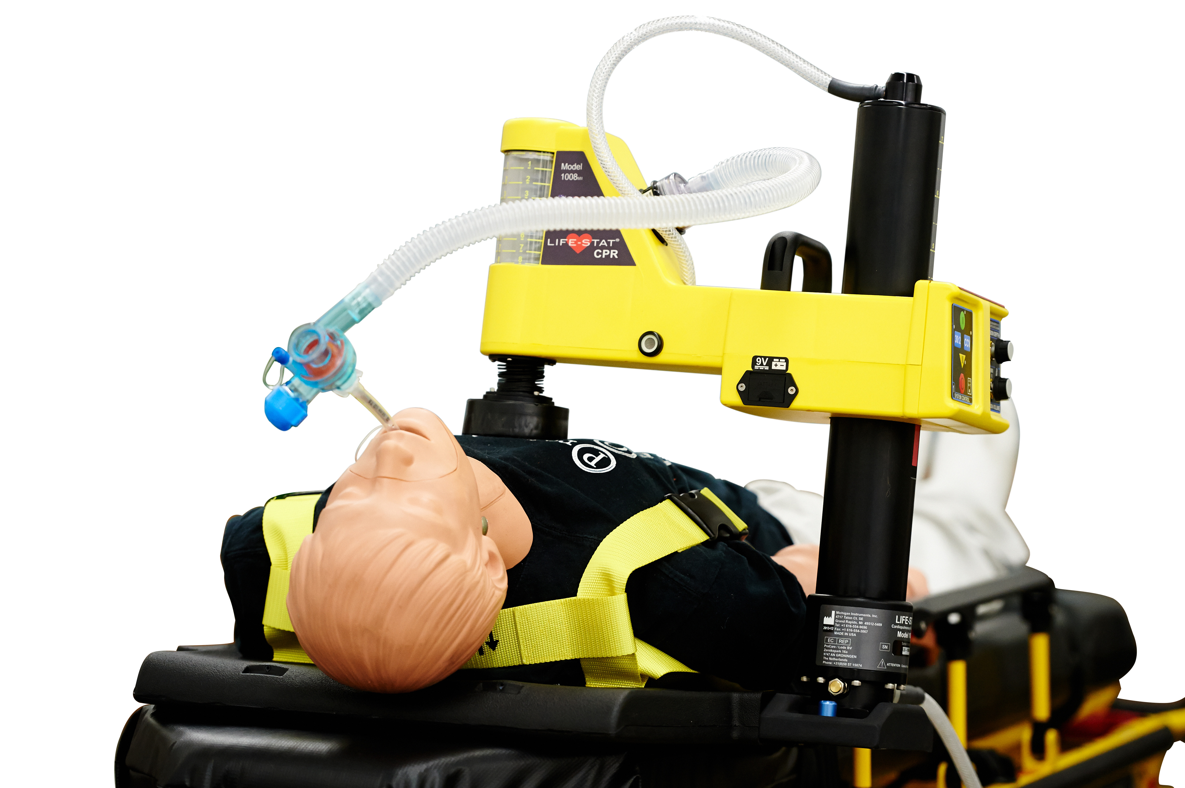Life-Stat Mechanical CPR machine on CPR dummy