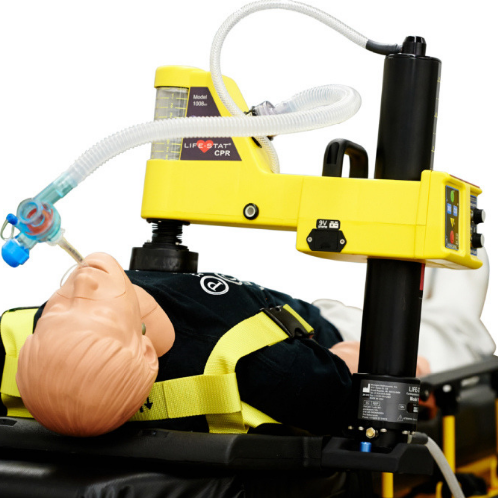 life-stat mechanical CPR machine on test dummy