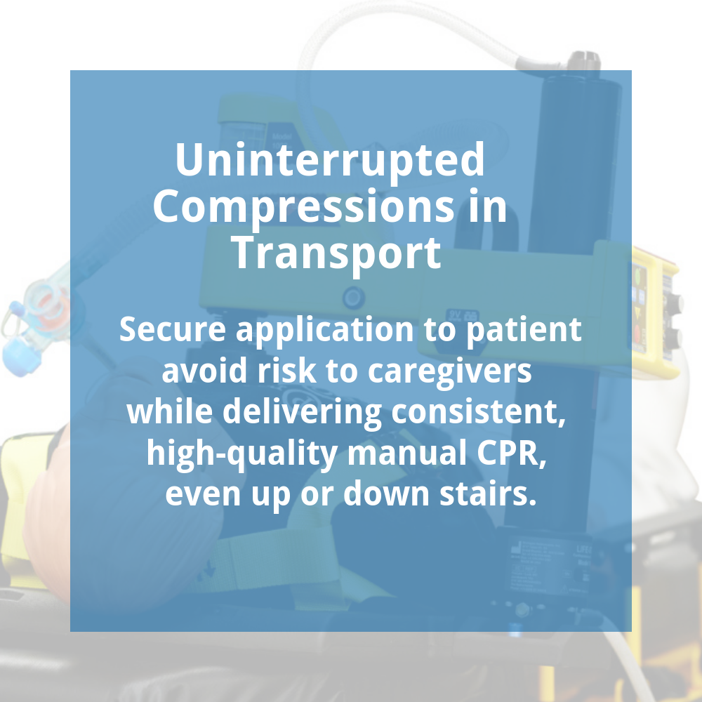 graphic about life-stat mechanical CPR machine: uninterrupted compressions in transport. Secure application to patient, avoid risk to caregivers while delivering consistent and high quality manual CPR even up or down stairs