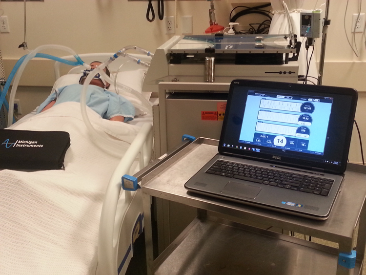 michigan instruments test lung simulator in classroom on dummy with monitor
