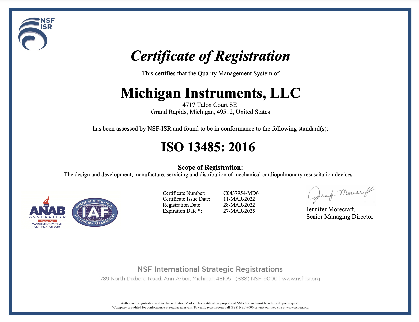 ISO 13485: 2016 Michigan Instruments through 2025