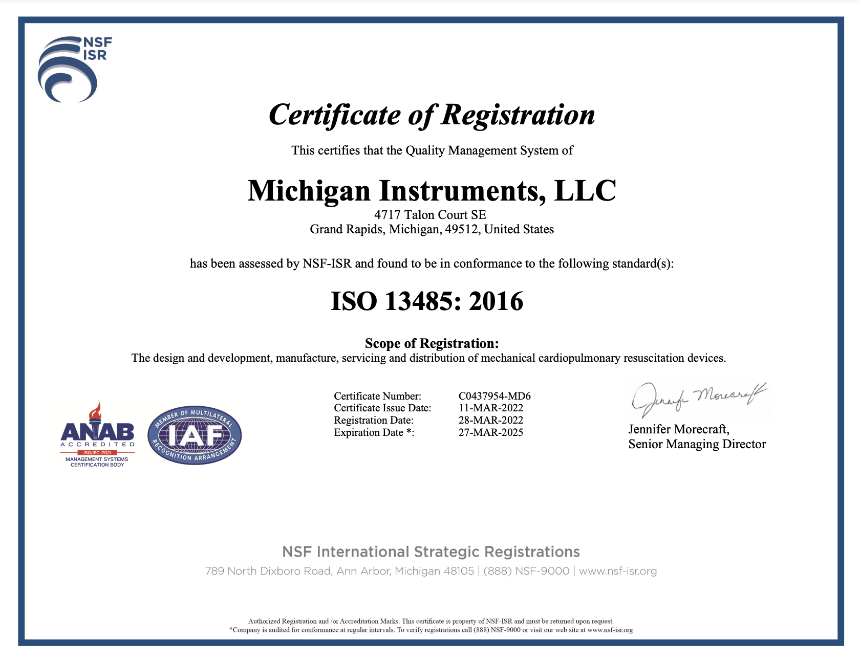 Certifications & authorizations for Michigan Instruments